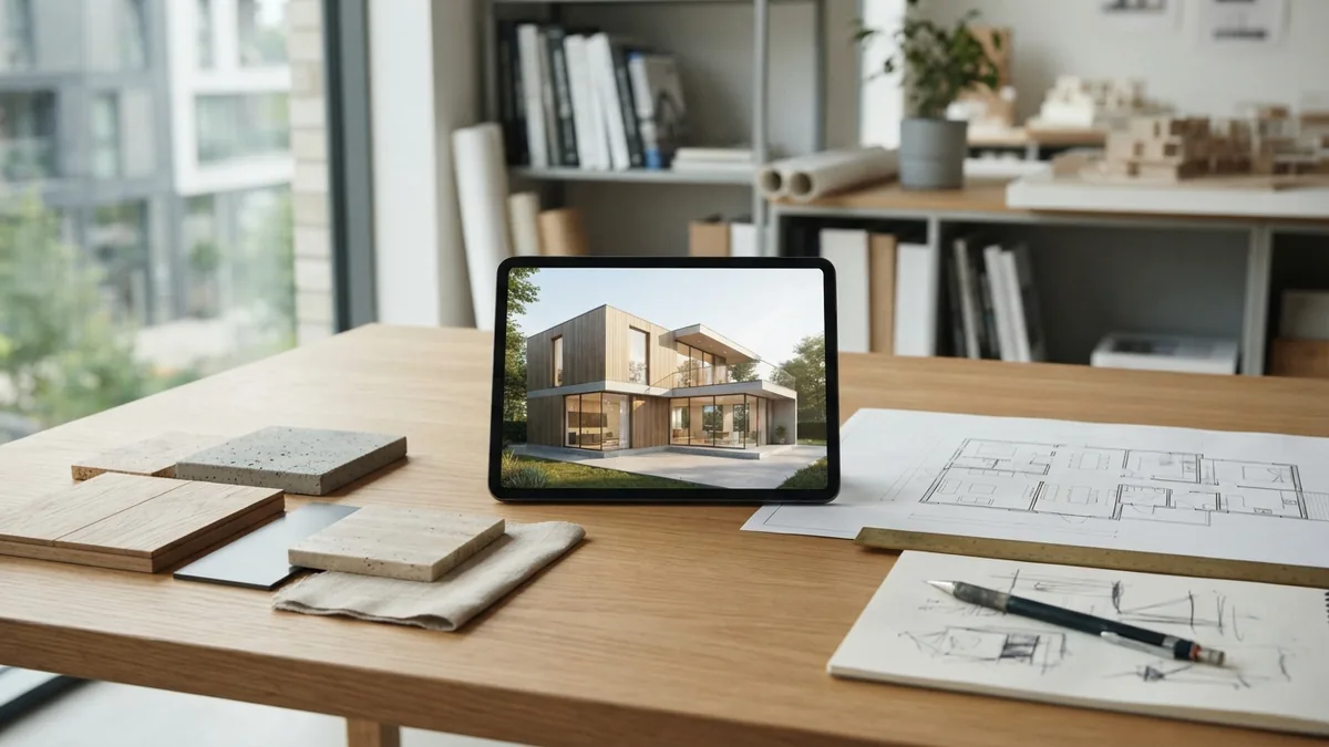 Klijenti i arhitekta ne vide se, ali se vidi tablet sa renderom i uzorci materijala na stolu