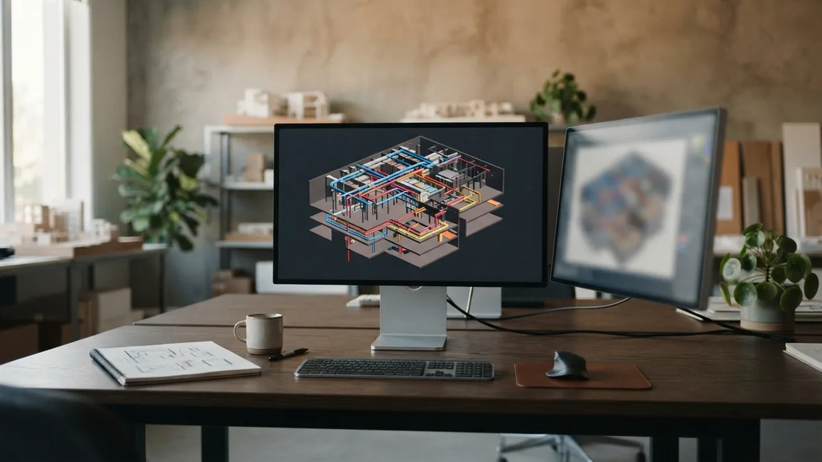Provera kolizije u 3D modelu: presek kuće sa instalacijama obojenim različitim bojama