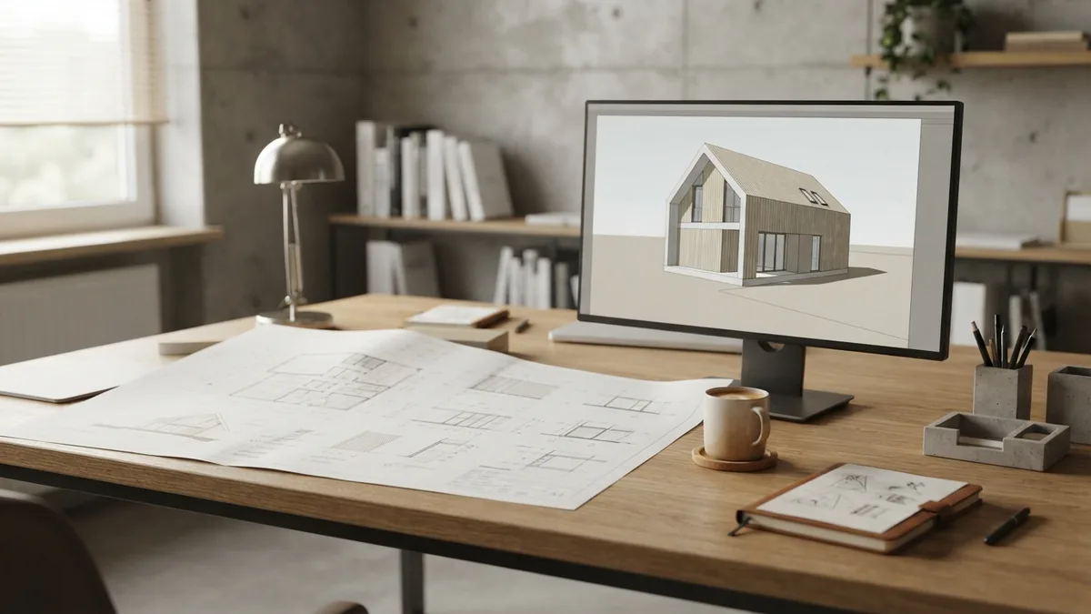 Set štampanih crteža i monitor sa 3D modelom iste kuće