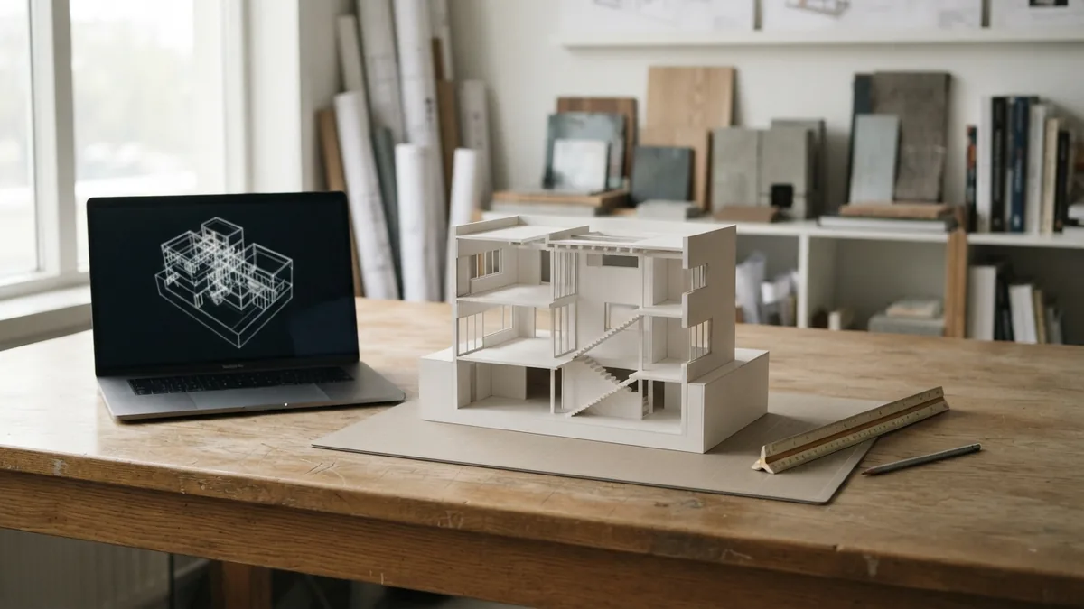 Maketa preseka zgrade pored laptopa sa trodimenzionalnim modelom