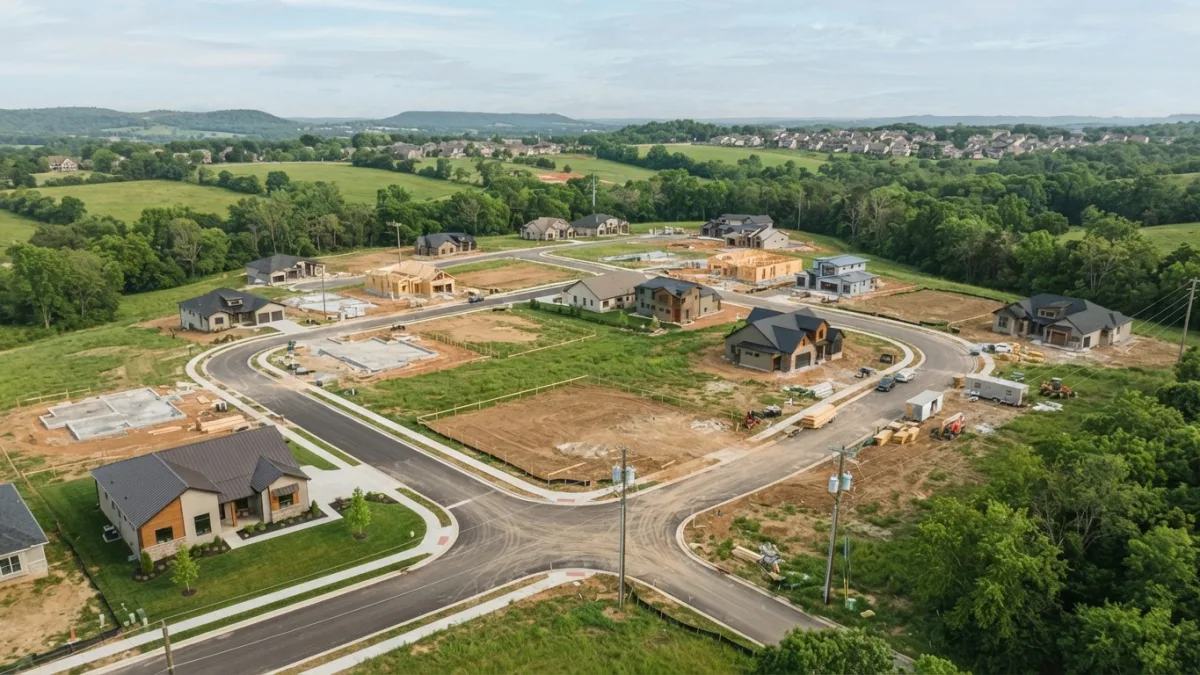 Pogled na stambeno naselje sa parcelama u različitim fazama izgradnje i uređenom infrastrukturom