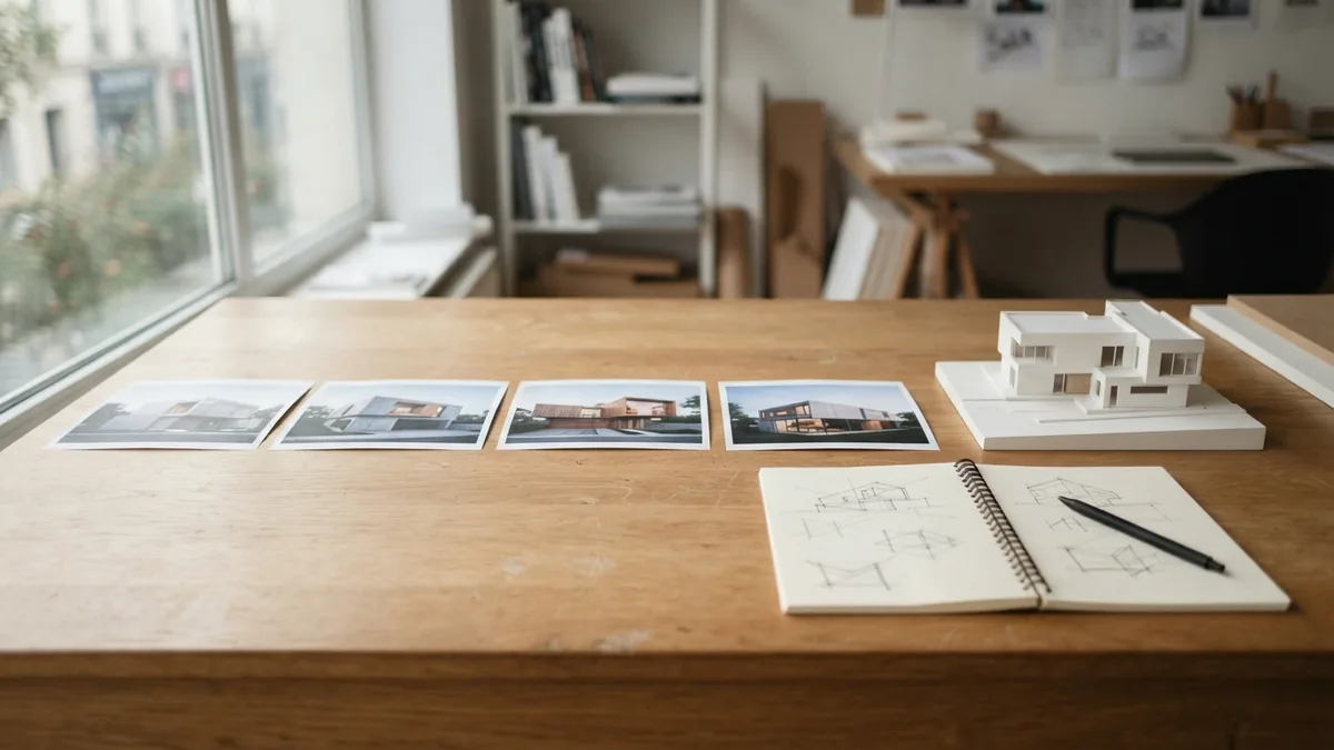 Portfolio fotografija izvedenih kuća i makete na stolu arhitekte