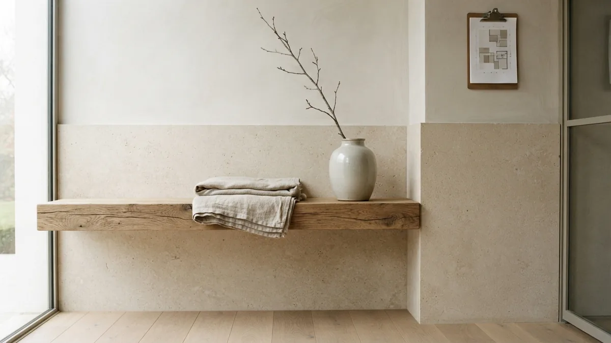 Detalj sa hrastom, kamenom i lanom koji pokazuje toplinu minimalističkih materijala