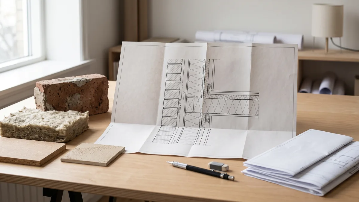 Presek zida sa slojevima i uzorci materijala na stolu projektanta