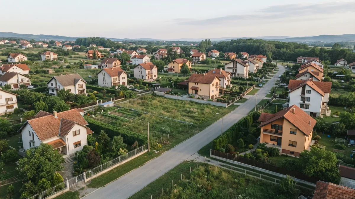 Pogled iz vazduha na naselje sa parcelama i porodičnim kućama